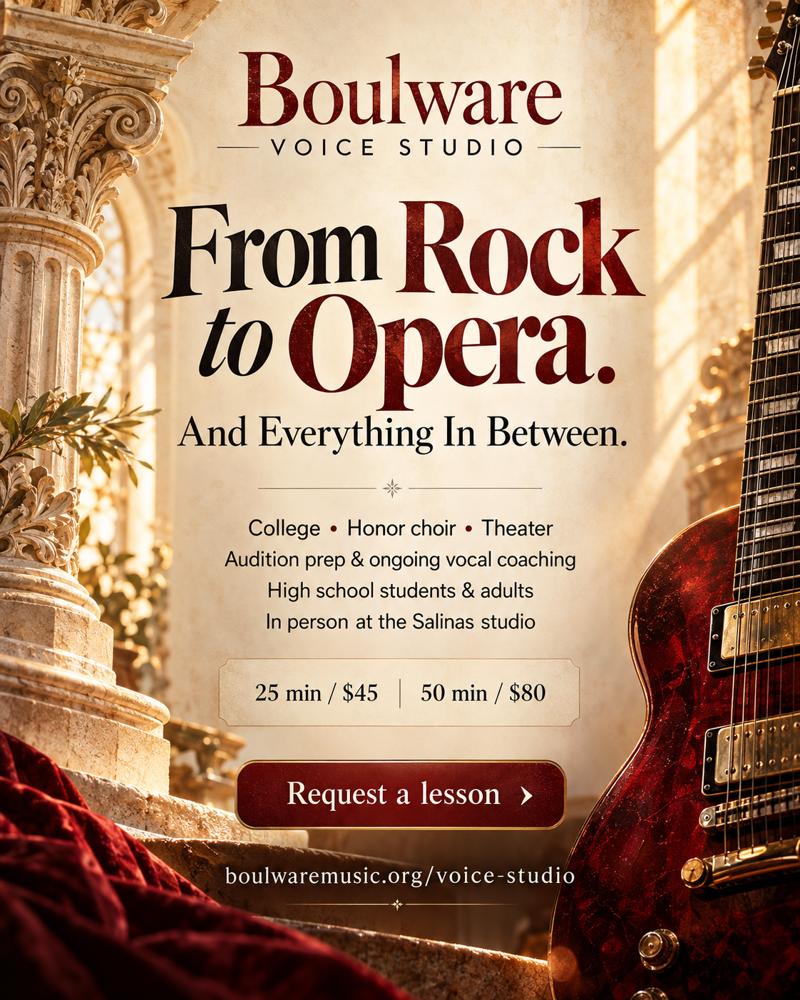 Boulware Voice Studio poster: warm Baroque architecture and a red electric guitar, From Rock to Opera