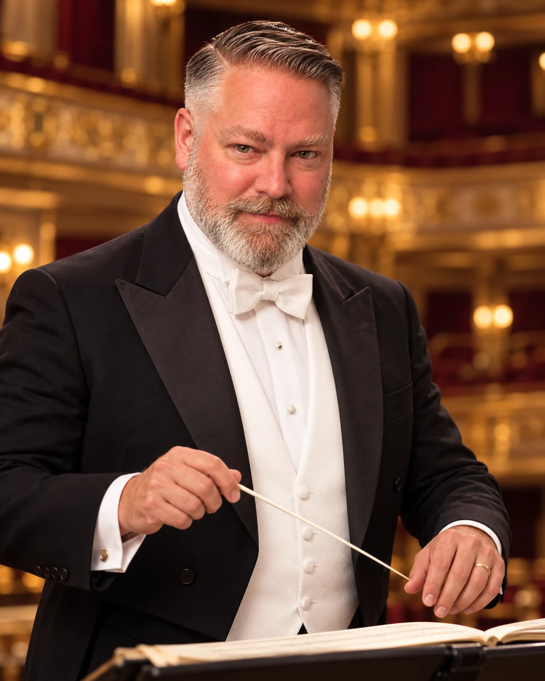 Seán Boulware in white tie, holding a baton above an open score