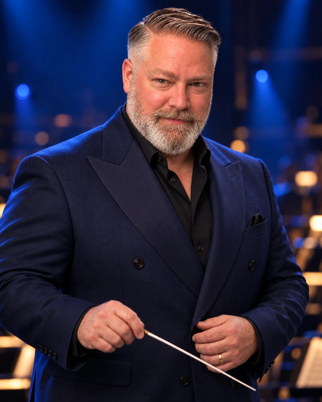 Dr. Seán Boulware in an ink-blue suit holding a conductor’s baton