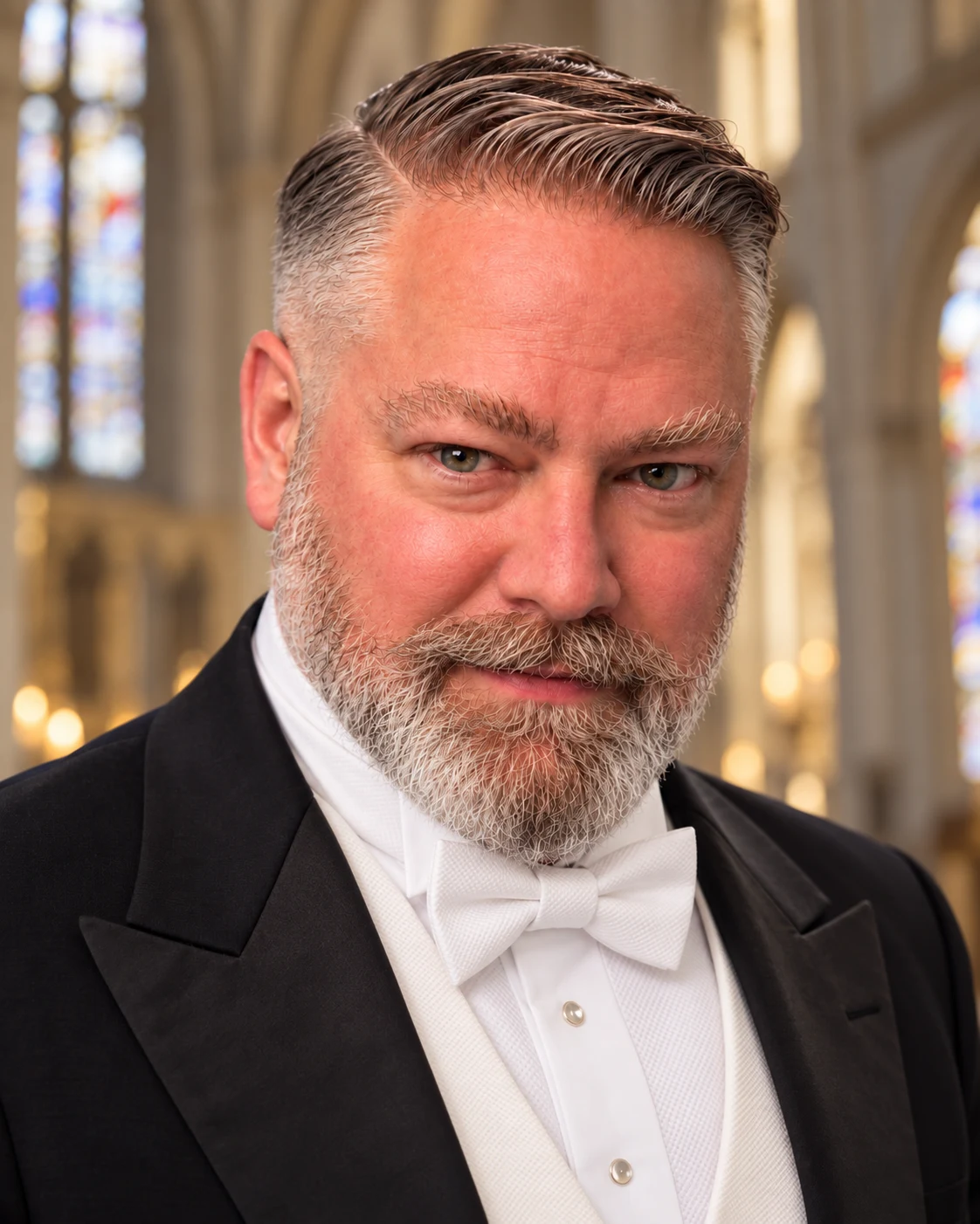 Seán Boulware in white tie with cathedral windows behind him
